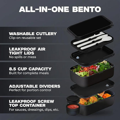 KARRICO Double Premium Bento Box Adult, 67 fl oz BPA-Free - Black Stackable Lunch Box with Leak-Proof Lids & Dividers, Perfect for Meal Prep, Lunches & Portion Control