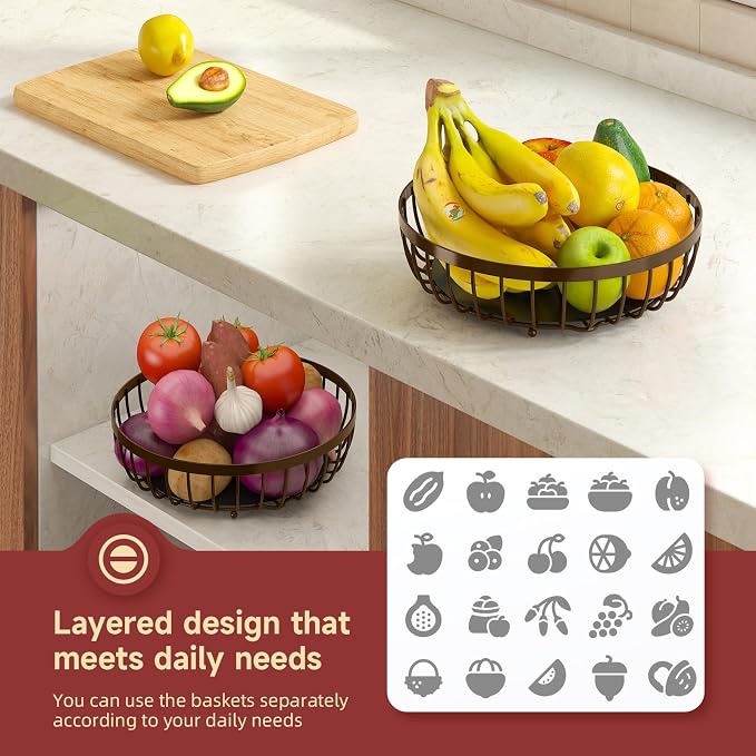 Sevenblue 2 Tier Fruit Basket for Kitchen Counter with 2 Banana Hangers, Metal Stackable Fruit Bowl for Kitchen Counter for Bread Vegetable Fruits, Brown