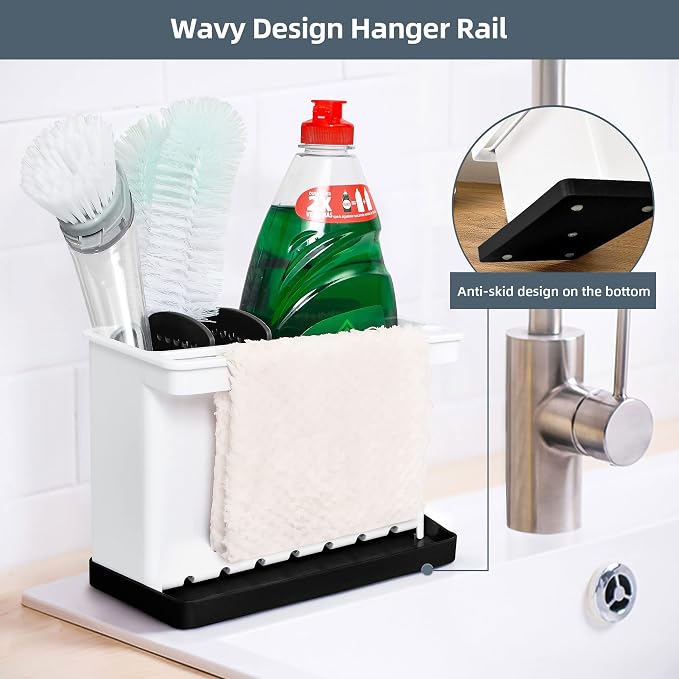 JOMOLA Kitchen Sink Organizer Dish Brush Sponge Holder Caddy Toothbrush Holders for Bathrooms Sinkware Kitchen Utensil Holder Sink Caddy Organizer with 4 Separate Dividers Removable Drain Tray (Black)