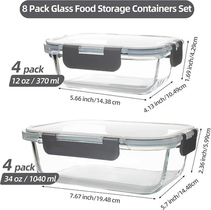 16PCS (8 Bowls + 8 Lids) High Borosilicate Glass Meal Prep Containers, Food Storage Containers with Airtight Lids, Glass Lunch Bento Boxes,Dishwasher Safe, grey