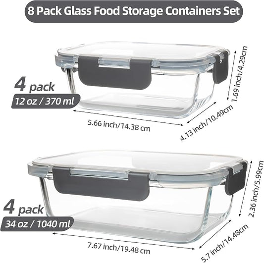 16PCS (8 Bowls + 8 Lids) High Borosilicate Glass Meal Prep Containers, Food Storage Containers with Airtight Lids, Glass Lunch Bento Boxes,Dishwasher Safe, grey