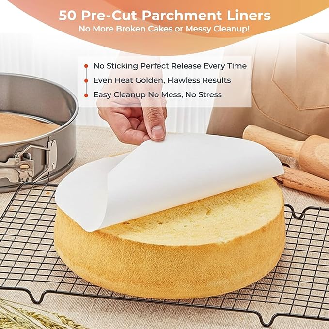 RFAQK 8 Inch Springform Pan Nonstick Leakproof - Spring Form Pan for Cheesecake with Removable Bottom, Include 50pcs Parchment Paper, Recipe E-Book - Perfect for Baking Cheese Cakes, Pizzas, & More!