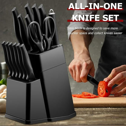 LIANYU Kitchen Knife Set with Block and Sharpener, 15 Pieces Knife Block Set, High Carbon Stainless Steel Chef Knife Set, Includes Utility Paring Santoku Steak Knife, Sharp&Rust Resistant, Black