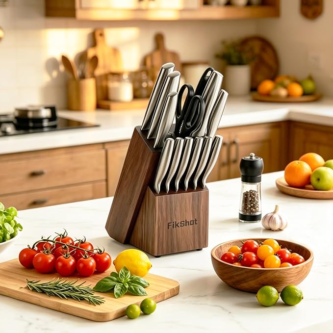 FIKSHOT 14 Pieces Knife Block Set German Stainless Steel with Block, Razor-Sharp Santoku Knives, Fruit & Kitchen Knives, Rust Resistant for Homecooks (Silver + Walnut)