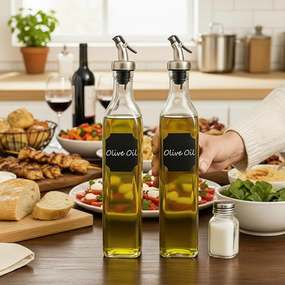 WERTIOO Olive Oil Dispenser Bottle, 2 Pack 17oz Oil and Vinegar Dispenser Set Clear Oil Bottles Container for Kitchen with 4 Spout, Funnel & Pen and Labels