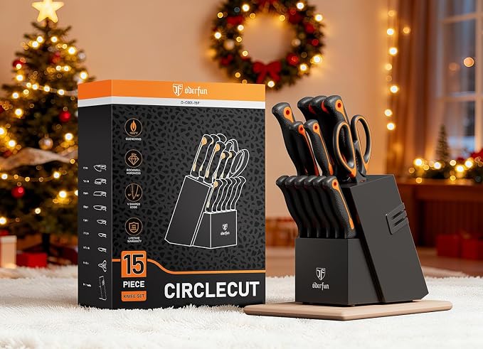 Knife Block Set, 15 PCS Dishwasher Safe Kitchen Knife Set, Non-slip | Razor-Sharp knives set with sharpener, High Carbon Stainless Steel, Ergonomic Handle, Elegant Box for Her Women Dad Father