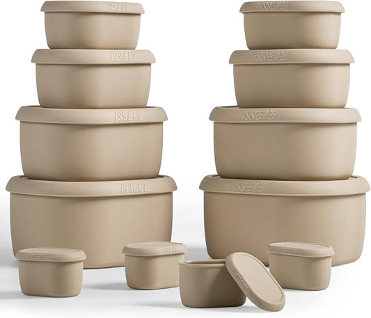 ISSEVE 12Pcs/Set Nesting Silicone Food Storage Containers with Lids, BPA Free Reusable Meal Prep Silicone Containers Airtight, Freezer Dishwasher Safe (33.8oz, 20oz, 10oz, 6.7oz, 1.3oz) (Beige)