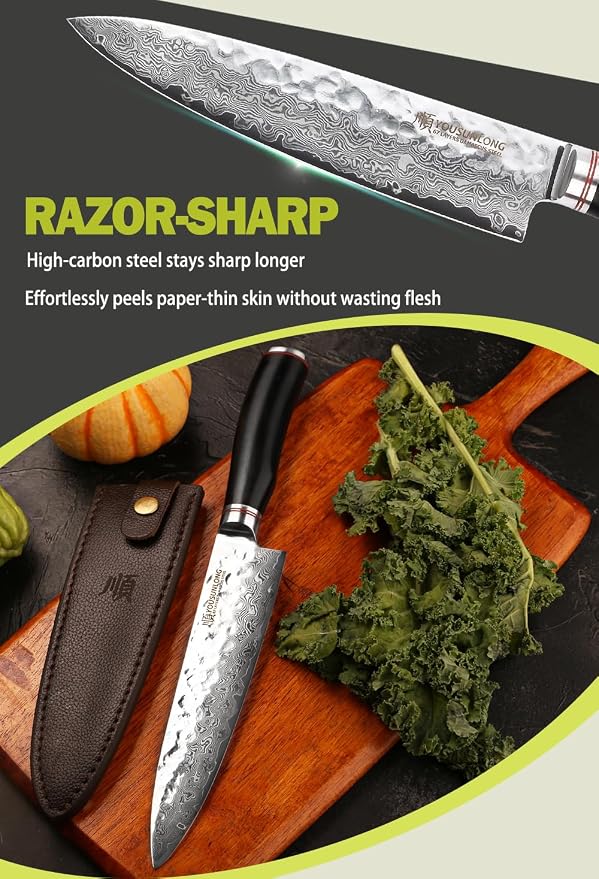 YOUSUNLONG Chef's Knife - 8 Inch Gyuto Kitchen knives - Razor Sharp Knife - Japanes Hammered Damascus Steel - Natural Ebony Handle with Leather Sheath