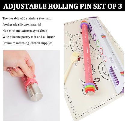 3 Pcs Adjustable Rolling Pin Set with Thickness Rings,15 Inch Silicone Rolling Pin for Dough,Non Stick Baking Roller for Cookies, Pizza, Pie Crust, Pastry, Fondant, Pasta, Kitchen Baking Tool