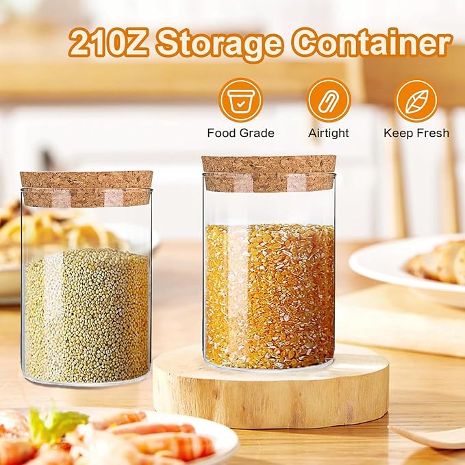 Airtight Glass Storage Containers with cork Lid, for Kitchen Pantry Organization and Storage jar，Ideal for Coffee Beans Snacks Flour Cereal Sugar Tea 21oz. (Circular 4.7 * 3.3in*4pcs)