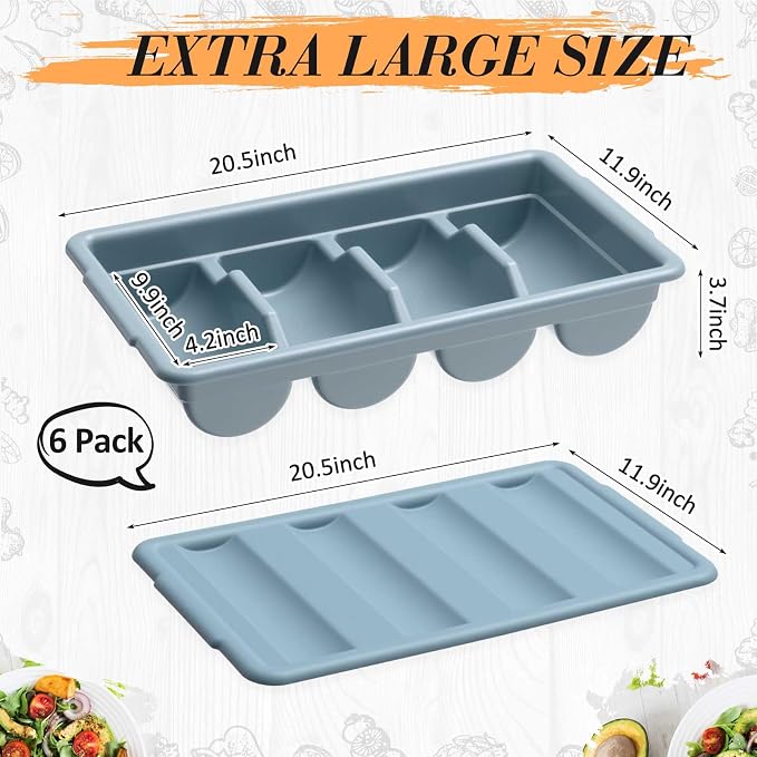 Maxdot 6 Pcs 20.5 x 11.9 x 3.7 Inch Silverware Organizer with Lid, Commercial 4-compartment Restaurant Kitchen Cutlery Tray, Plastic Silverware Storage Container, Condiments Holder (Grayish Blue)