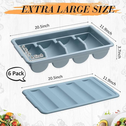 Maxdot 6 Pcs 20.5 x 11.9 x 3.7 Inch Silverware Organizer with Lid, Commercial 4-compartment Restaurant Kitchen Cutlery Tray, Plastic Silverware Storage Container, Condiments Holder (Grayish Blue)