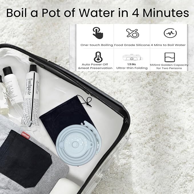 Travel Kettle Electric, Portable Travel Tea Kettle Small, Ultra-thin Collpasible Electric Kettle, Food Grade Silicone Foldable, Auto Shut off and Keep Warm, 110V 555ml (White)
