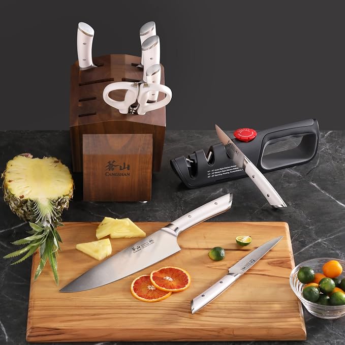 Cangshan HELENA Series 10-Piece German Steel Forged Knife Block Set, White, Full Tang Kitchen Knife Set with Acacia Wood Block and Sharpener