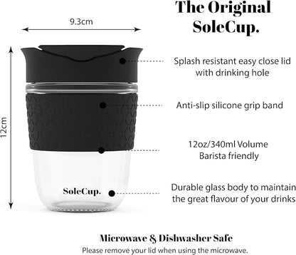Reusable Strengthened Glass Travel Cup - Spill Proof Coffee Mug - 12oz/340ml BPA-Free Hot Drink Travel Mug with Lid & Silicone Band (Black, 12oz)