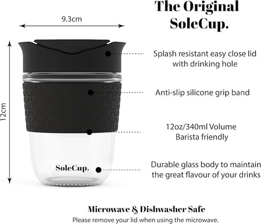 Reusable Strengthened Glass Travel Cup - Spill Proof Coffee Mug - 12oz/340ml BPA-Free Hot Drink Travel Mug with Lid & Silicone Band (Black, 12oz)