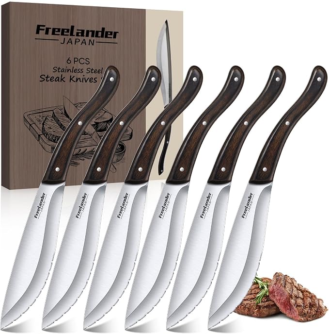 Freelander Handmade Forged Steak Knives Set of 6, Serrated Cutters for Meat Cutting, Stainless Steel Steak Knife Set Blades with Wooden Handles, Elegant & Aesthetic Design