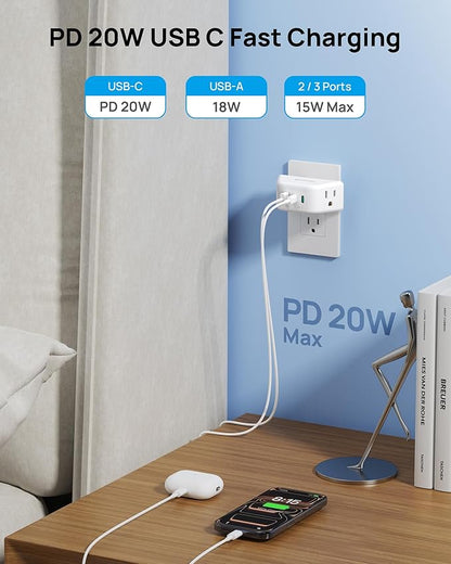 TROND Outlet Extender with USB C PD 20W, Outlet Splitter with 2 AC Sockets, 3-Side Design Wall Plug Adapter, for Home Office Cruise Travel Essentials, White