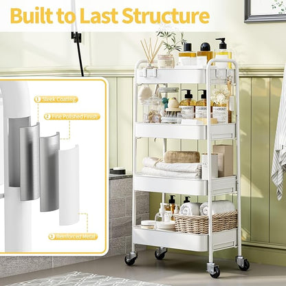TOOLF 4-Tier Rolling Cart - Metal Storage Organizer with Lockable Wheels, 44 lbs Per Shelf Capacity, Tool-Free Assembly, for Kitchen Bathroom Office Laundry Room Nursery, White