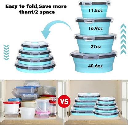 Mimorou 8 Pcs Collapsible Food Storage Containers Foldable Silicone Lunch Containers with Lids 4 Silicone Rectangle Collapsible Bowls and 4 Round Food Bowls Microwave Freezer Dishwasher Safe (Blue)