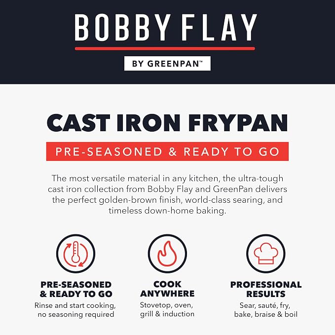 GreenPan x Bobby Flay Cast Iron Skillet Set, 8” &10” Pre-Seasoned Frying Pans, Pour Spouts, Induction Compatible, Oven, Grill, Indoor/Outdoor, Durable, Black