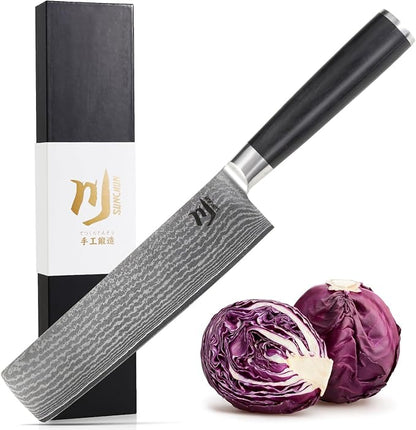 SUNCHUN Nakiri Knife VG-10 Damascus Steel 67-Layer Japanese Vegetable Cleaver, Ultra Sharp 602 HRC Kitchen Knife with Black Pakka Wood Handle, Professional Chef Knife for Vegetables & Food Prep
