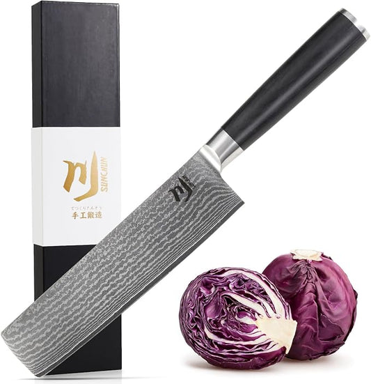 SUNCHUN Nakiri Knife VG-10 Damascus Steel 67-Layer Japanese Vegetable Cleaver, Ultra Sharp 602 HRC Kitchen Knife with Black Pakka Wood Handle, Professional Chef Knife for Vegetables & Food Prep