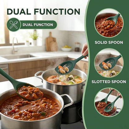 Silicone Cooking Spoons Set of 2, Heat-Resistant & Dishwasher Safe - Slotted and Solid Kitchen Spoons for Mixing, Serving, Stirring, Skimming
