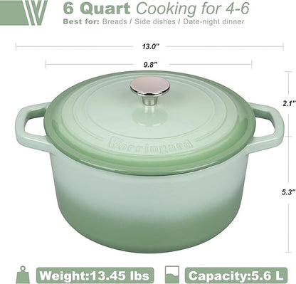 VORRINGARD Enameled Cast Iron Dutch Oven Pot with Lid, for Bread Baking, Round Bread Oven- include Sourdough Bread Baking Supplies Set, 6QT, Green