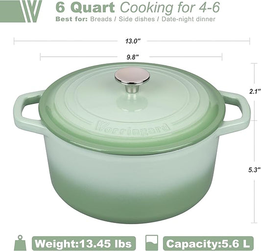 VORRINGARD Enameled Cast Iron Dutch Oven Pot with Lid, for Bread Baking, Round Bread Oven- include Sourdough Bread Baking Supplies Set, 6QT, Green