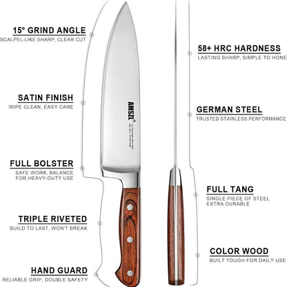 8 Inch Chef Knife, Ultra Sharp German Steel Full Tang | One knife for 90% of kitchen tasks: slice meat, dice vegetables, mince herbs, chop nuts. Replaces a drawer of mediocre blades