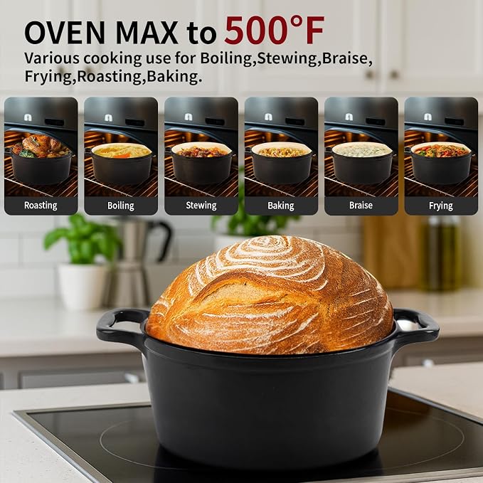 Enamel Cast Iron Dutch Oven with Lid, Round Casserole Pot for Bread Baking, Braising, Roasting, and Stews, Heavy-Duty, Oven Safe, Induction Compatible (4.7QT,Grey)