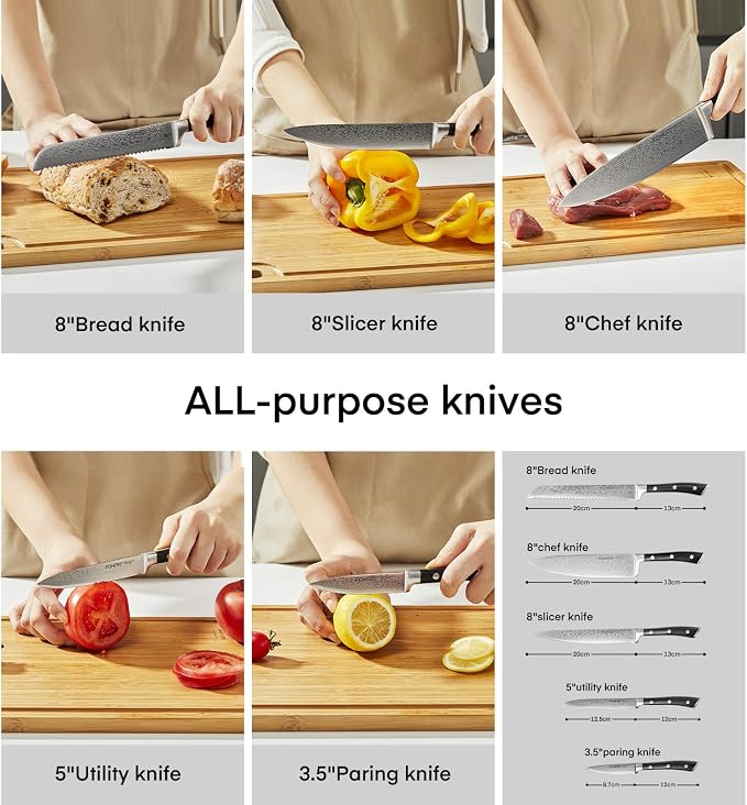 Knife Set with Block, 7-Piece German Stainless Steel Knife Set for Kitchen, Rotating Design with Built-in Sharpener & Phone Stand for Watching Recipes While Cooking, Gift