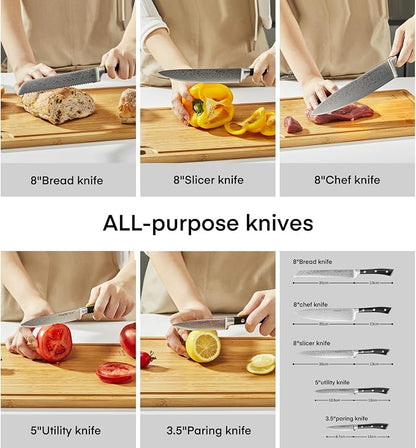 Knife Set with Block, 7-Piece German Stainless Steel Knife Set for Kitchen, Rotating Design with Built-in Sharpener & Phone Stand for Watching Recipes While Cooking, Gift