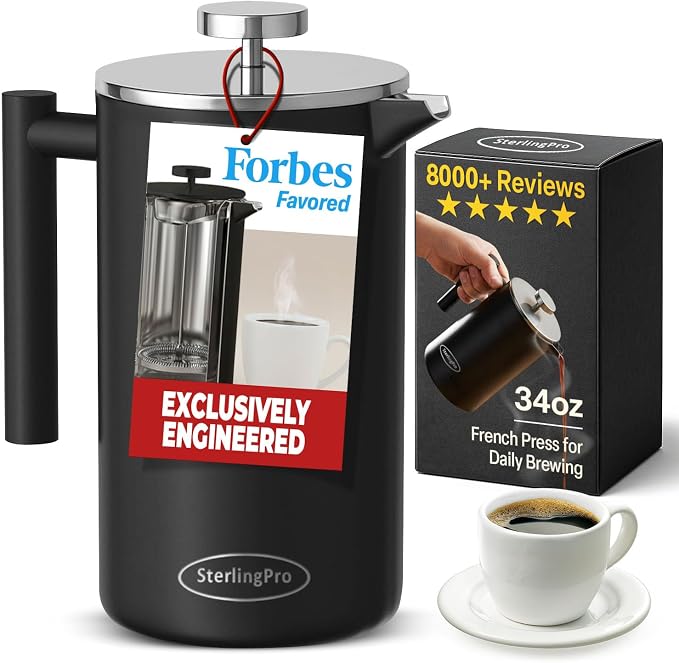 SterlingPro Small Insulated Stainless Steel French Press Coffee Maker 34oz – Insulatede Metal Double Wall Coffee Maker | Plastic Free | Cool-Touch | Black Finish | Makes up to 8 cups / 4 mugs