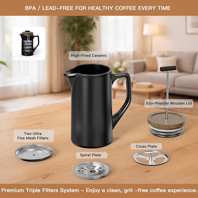 Ceramic French Press Coffee Maker, 22oz Single Serve Coffee Press with Walnut Wood Lid, Lead-Free, Food Grade Stainless Steel Filter with Dual Screen for Coffee and Loose Tea, Black
