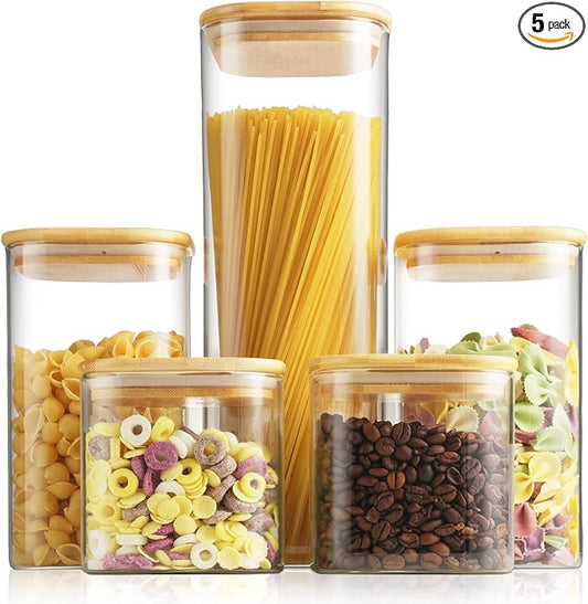 Glass Spaghetti Pasta Storage Container - 5 Pack Airtight Food Storage Jar Set with Bamboo Lid Labels - Square Kitchen Pantry Canister Organizers for Cookies Candy Coffee Bean Sugar Tea Spice Flour