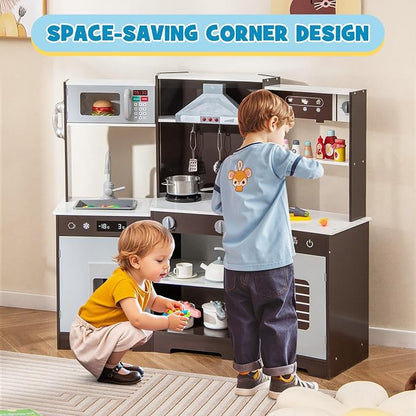 Costzon Corner Kids Kitchen Playset, Wooden Toy Kitchen Set w/Lights & Sounds Range Hood, Ice Maker, Pretend Telephone, Sink, Faucet, Microwave, Oven, Play Kitchen for Kids 3+ (Brown)