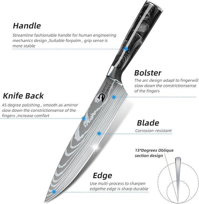 Dfito Chef Knife Sets with Roll Bag, 9 Pieces Professional Knife Set with Sharpener, High Carbon Stainless Steel Kitchen Chef Knife Set, Black Resin Handle, Dishwasher Safe