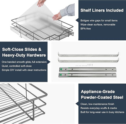 Pull Out Shelves - 20" W x 22" D Soft Close Pull Out Cabinet Organizer 1 Tier - Sliding Shelves with Shelf Liner - Heavy Duty Steel Wire Drawers for Kitchen Cabinets, Pantry, Bathroom
