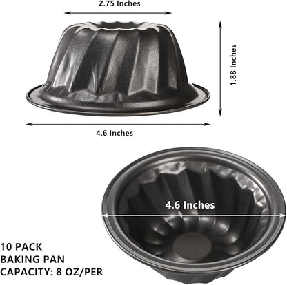 Frcctre 10 Pack 4 Inch Mini Fluted Cake Pan, Reusable Nonstick Carbon Steel Mini Flan Molds Pan Fluted Baking Molds for Cupcake, Muffin, Brownie, Bavarois