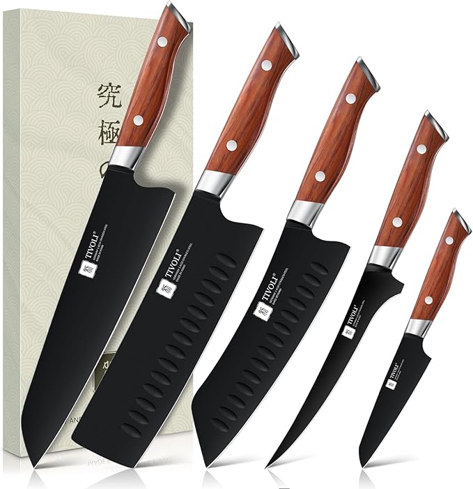 TIVOLI Chef Knife Set, Professional 5PC Knife Set, German High Carbon Stainless Steel Ultra Sharp Kitchen Knives with Full Tang Ergonomic Wood Handle for for Cooking - Gifts for Men and Women