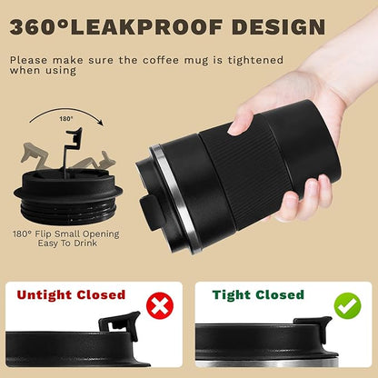 SPLMIFA Vacuum-Insulated Stainless Steel Travel Coffee Mug, Leak-Proof Reusable Coffee Cup with Lid - Keep Hot & Cold Drinks for Hours, Durable Insulated Tumbler for Men & Women(3rd-Black, 12OZ)