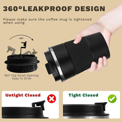 SPLMIFA Vacuum-Insulated Stainless Steel Travel Coffee Mug, Leak-Proof Reusable Coffee Cup with Lid - Keep Hot & Cold Drinks for Hours, Durable Insulated Tumbler for Men & Women(3rd-Black, 17OZ)