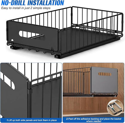 2 Pack Pull Out Cabinet Organizer, 15"" Depth Slide Out Pantry Drawer with Nano Adhesive (No Drilling), Heavy Duty Wire Basket for Kitchen, Under Sink, Bathroom, 9.44"" W x 3.54"" H, Black