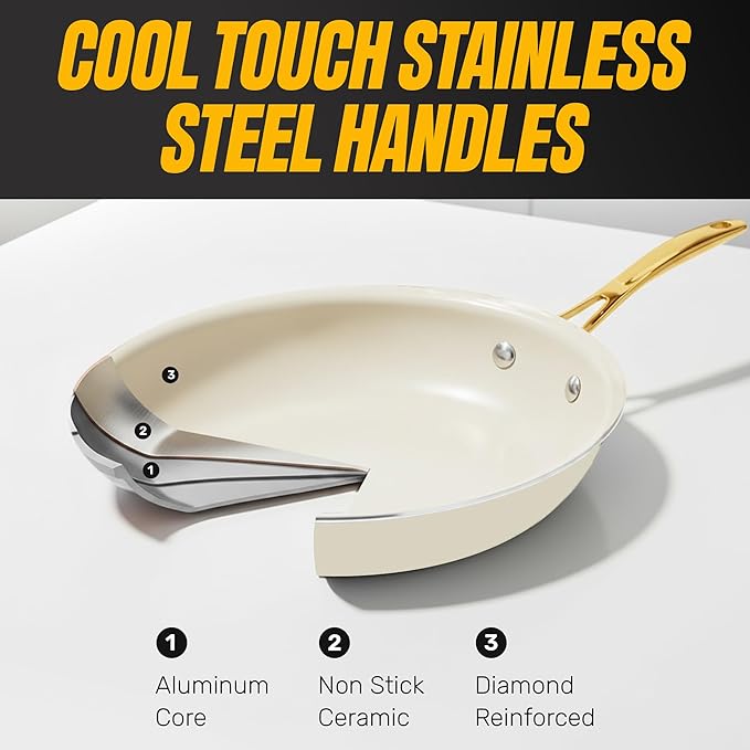 GOTHAM STEEL 15 Pc Ceramic Pots and Pans Set Non Stick, Kitchen Cookware Sets, Pot and Pan Set, Ceramic Cookware Set, Non Toxic Cookware Set, Non Stick Pots and Pan Set Dishwasher Safe, Cream White…