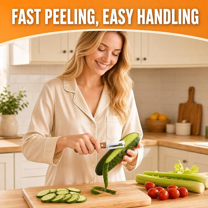 2-in-1 Multifunctional Vegetable Peeler with Wooden Handle, Zero Snag Ergonomic Kitchen Peeling Tool for Potatoes, Apple, Fruits, Double-Ended Skin Remover & Bottle Opener Utensil, 1 PCS