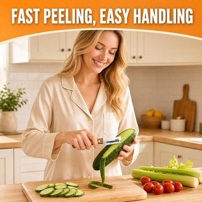 2-in-1 Multifunctional Vegetable Peeler with Wooden Handle, Zero Snag Ergonomic Kitchen Peeling Tool for Potatoes, Apple, Fruits, Double-Ended Skin Remover & Bottle Opener Utensil, 2 PCS