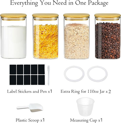 Glass Storage Containers with Airtight Bamboo Lids Set of 4,Pantry Food Storage Container,Perfect for Kitchen Organization-Flour, Rice, Pasta, Sugar, Coffee Beans, Accessories Included (4 packs(50oz))