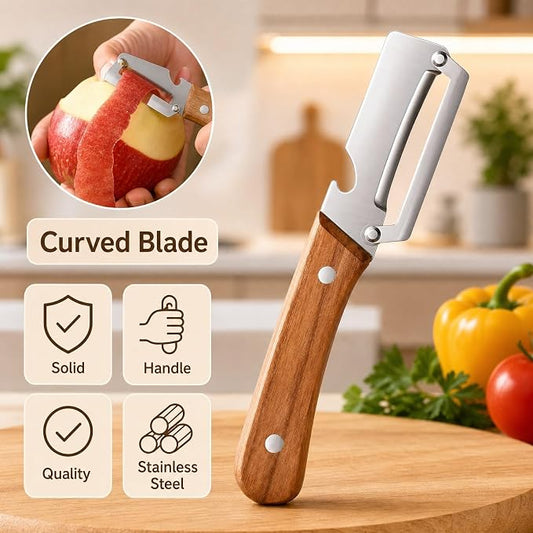 2-in-1 Multifunctional Vegetable Peeler with Wooden Handle, Zero Snag Ergonomic Kitchen Peeling Tool for Potatoes, Apple, Fruits, Double-Ended Skin Remover & Bottle Opener Utensil, 2 PCS